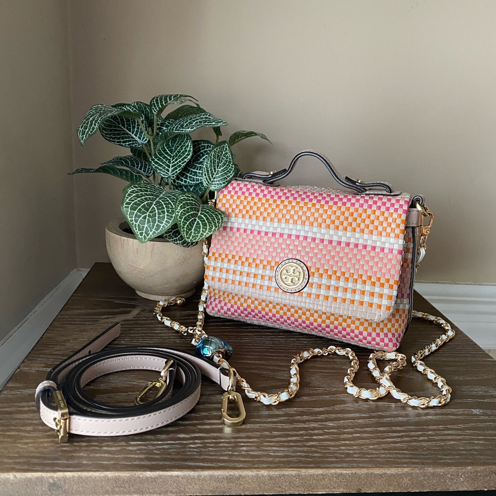 Tory Burch Jane Woven Leather Top Handle Purse Bag